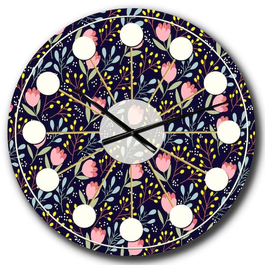 Designart 'Handdrawn Pink Flowers Mid-Century Modern Wall Clock